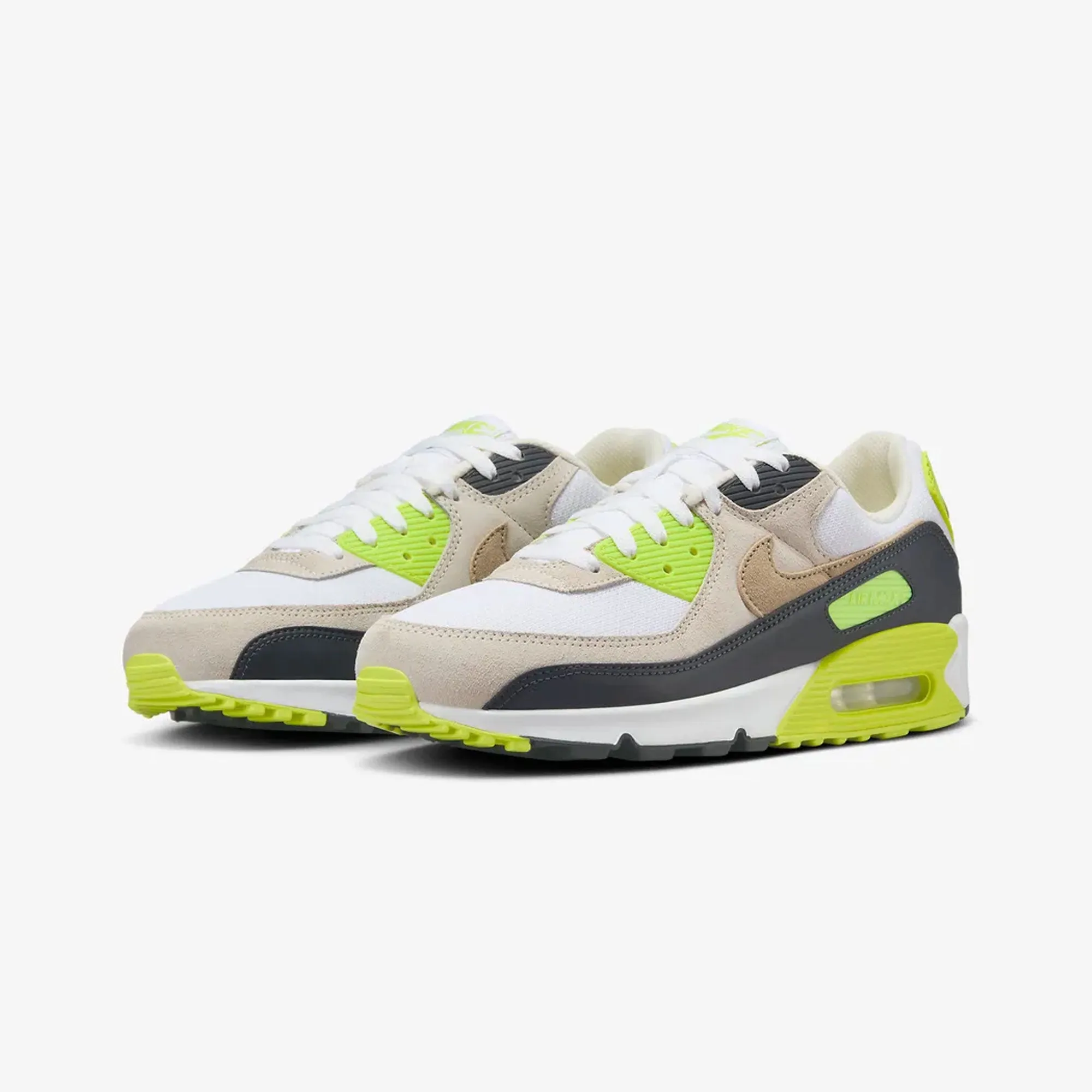 NIKE | AIR MAX 90 { WHITE/KHAKI-CYBER-DK SMOKE GREY Traction Grip Pattern Hyper Elastic Foam Tech