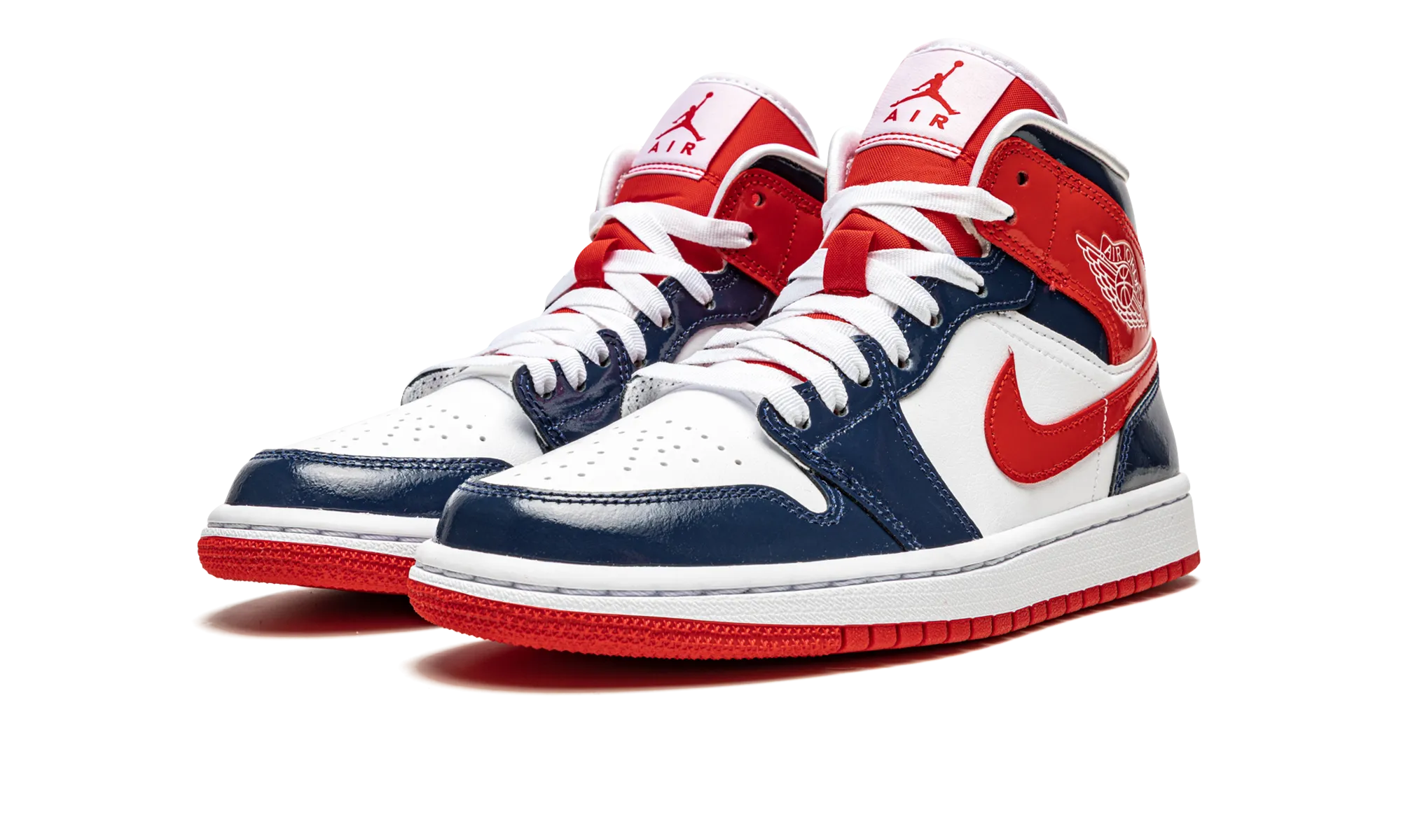 AIR JORDAN 1 MID WMNS "Patent Leather Navy / White / Red" Cushioned Tongue Street Power