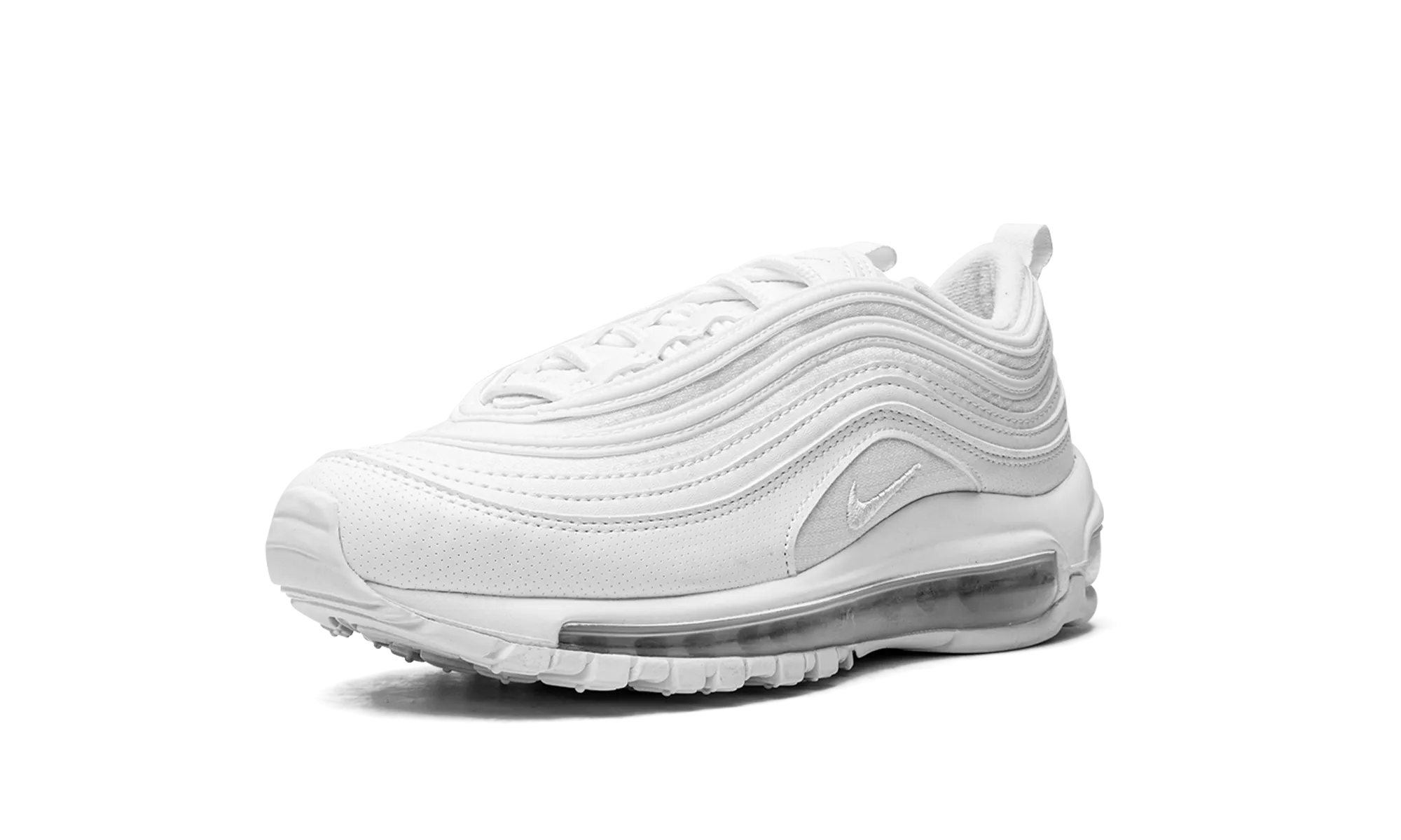 running in a neighborhood forefoot - strike shoes Air Max 97 GS "White / Metallic Silver"