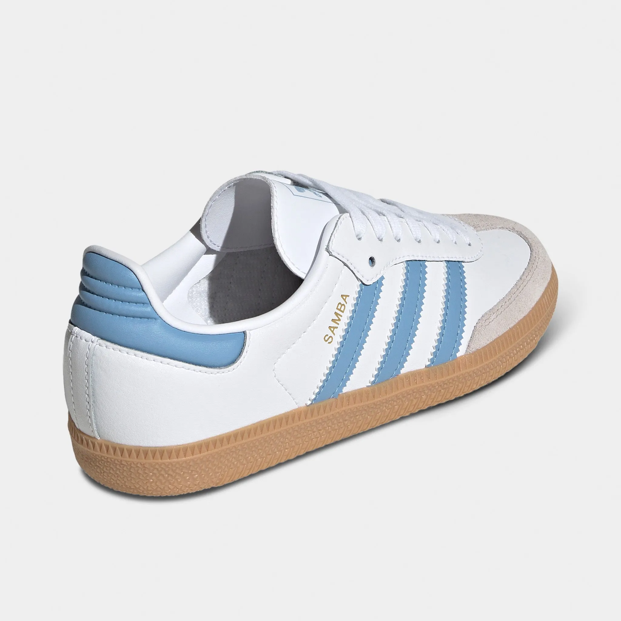 adidas Juniors' Samba OG White / Ash Blue - Gum Aerodynamic Vents Recycled Rubber Outsole