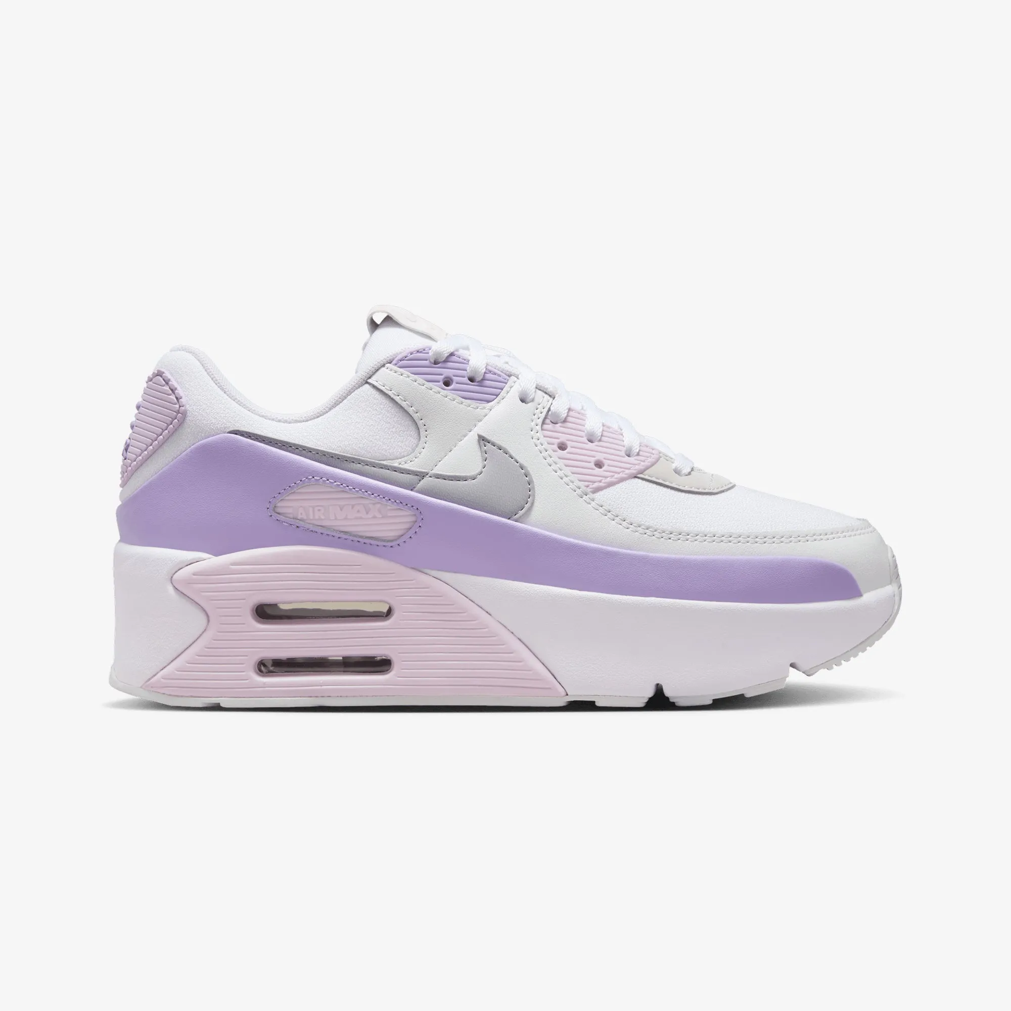 Nike | AIR MAX 90 LV8 { WHITE/WOLF GREY-HYDRANGEAS-SUMMIT WHITE Slip Resistant Tread Pattern Quick Transition