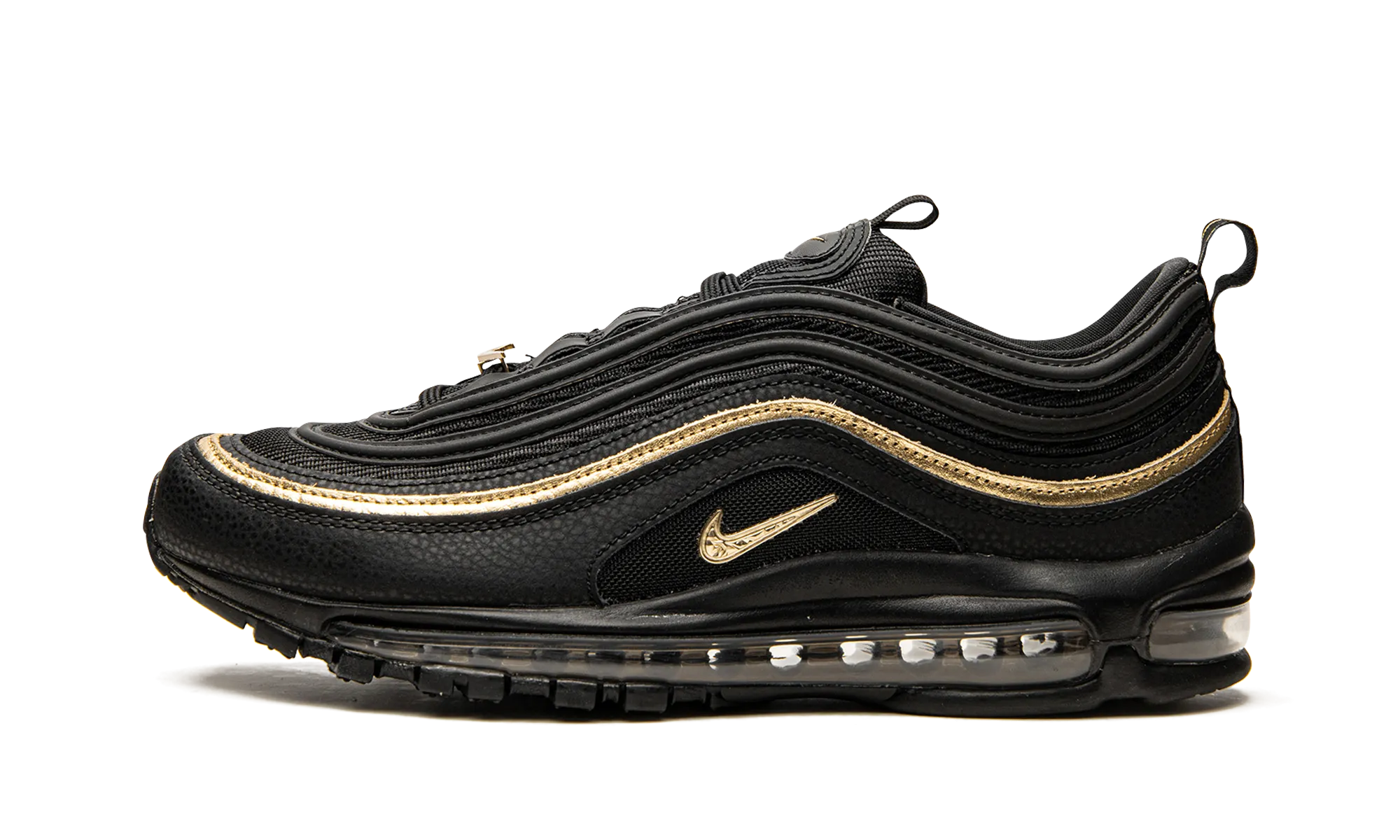 Air Max 97 CM "Black / Metallic Gold" running in a train station area shoes