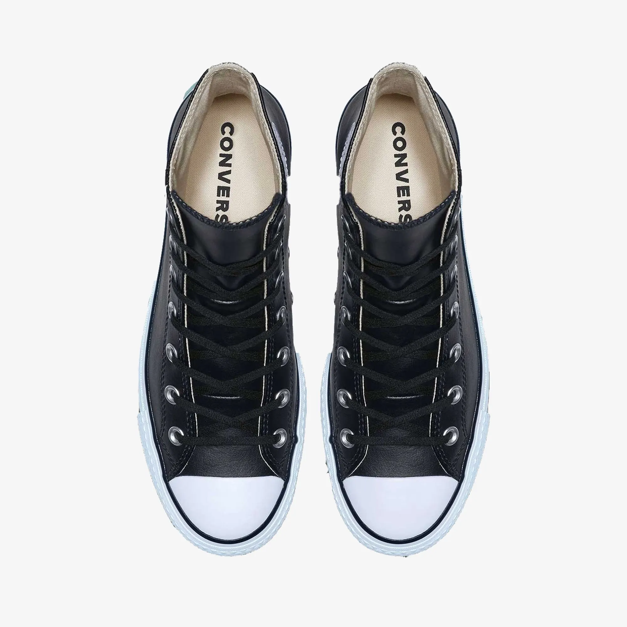 Converse | CHUCK TAYLOR ALL STAR LEATHER PLATFORM HI { BLACK/WHITE Sneaker Repairs Smooth Toe
