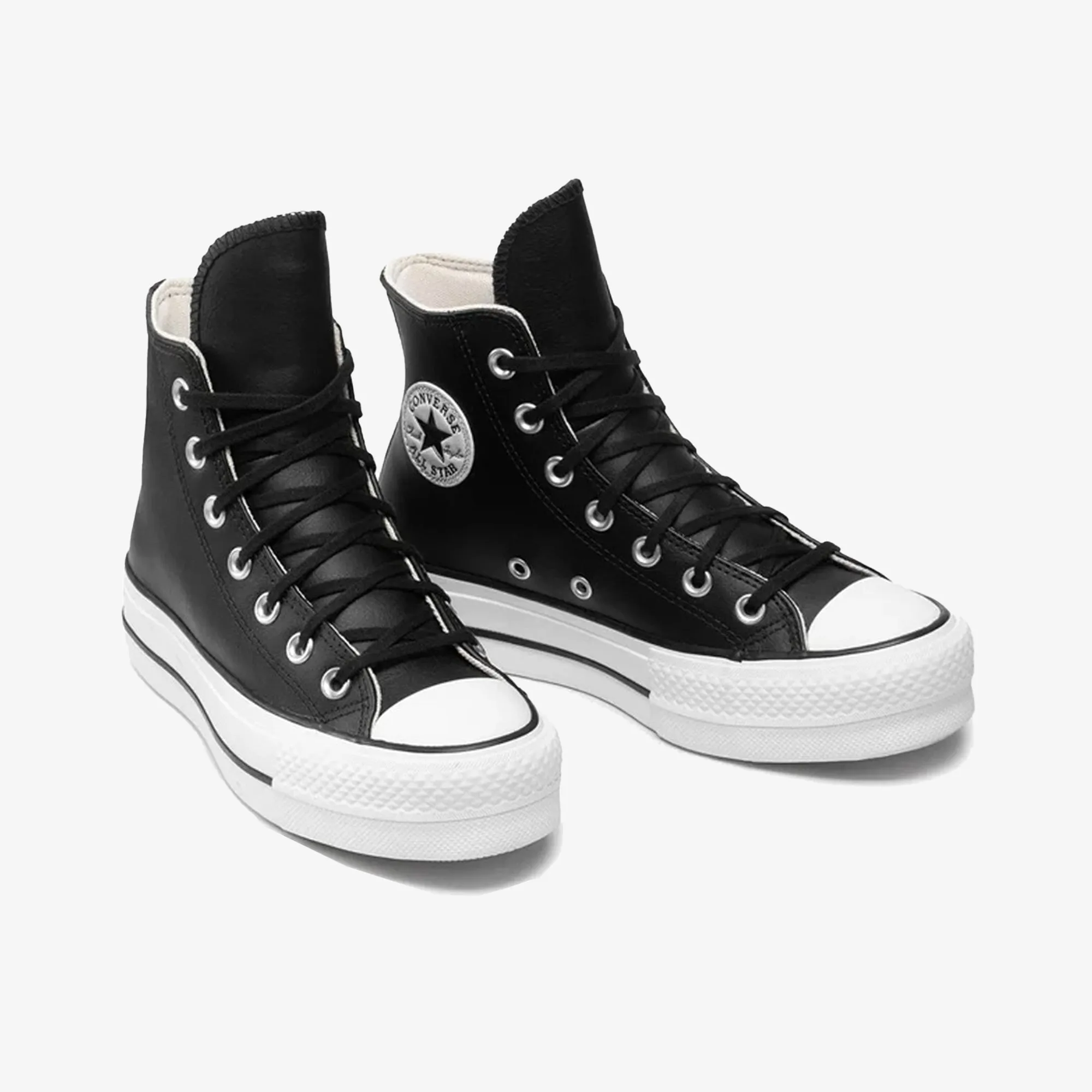 Stable Heel Counter Reinforced Stitch Detail Converse | CHUCK TAYLOR ALL STAR LEATHER PLATFORM HI { BLACK/WHITE