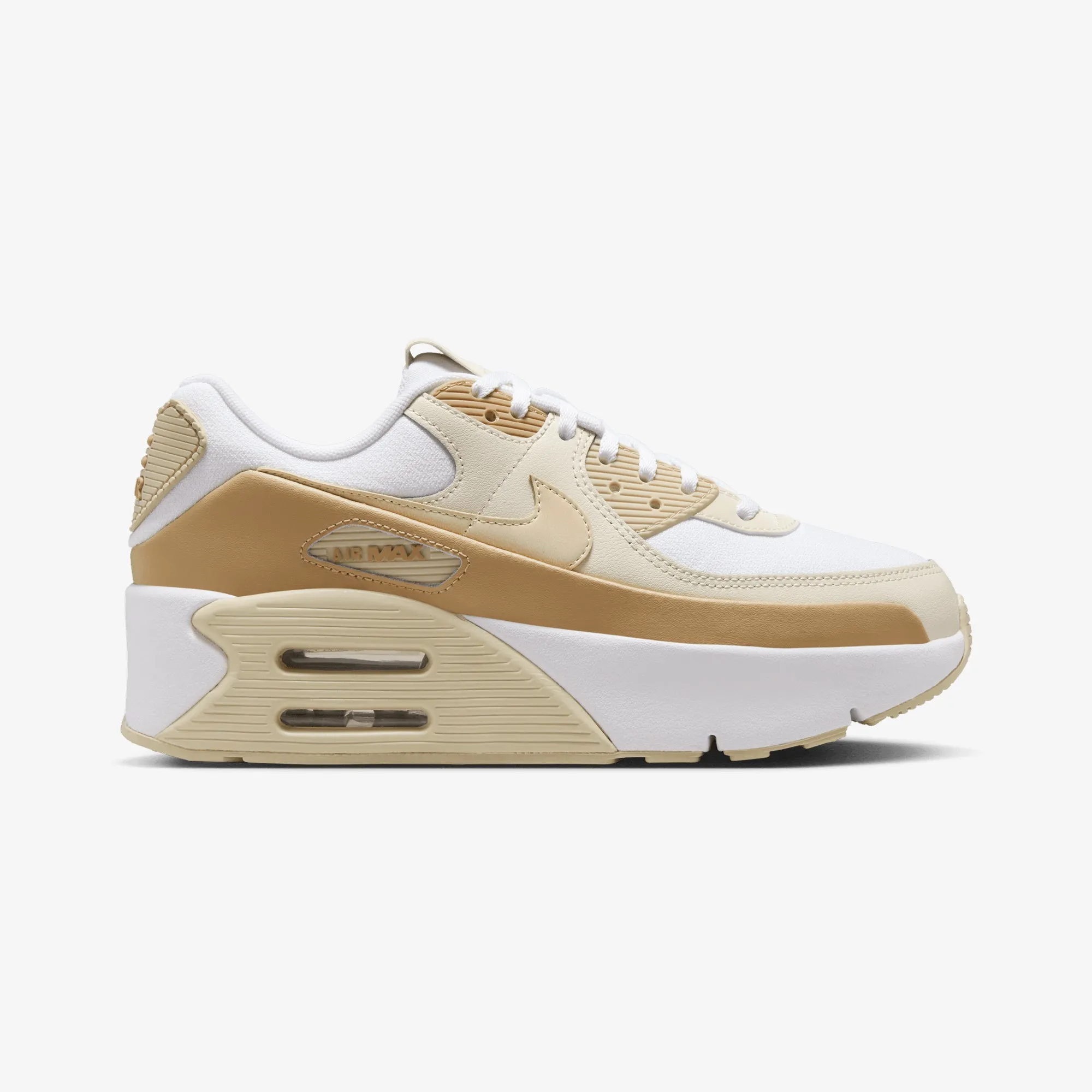 Nike | AIR MAX 90 LV8 { WHITE/TEAM GOLD-CLUB GOLD-COCONUT MILK BreathableMesh Sleek Comfort