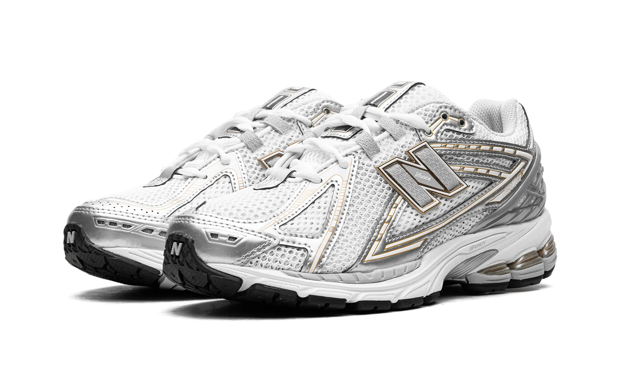 Female runner Ergonomic shoe design 1906R "White Rain Cloud Silver Metallic"