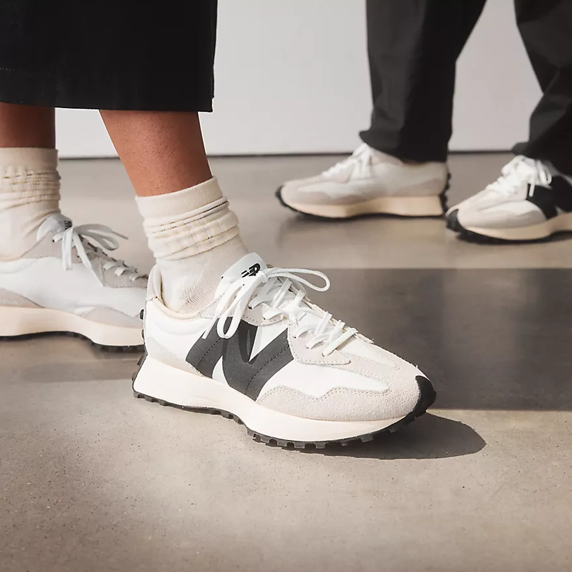 New Balance | 327 { SEA SALT/WHITE/BLACK running in a ski lift area shoes