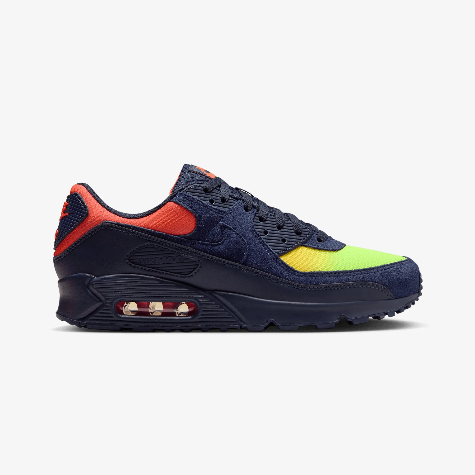 Nike | AIR MAX 90 { LEMON VENOM/BLACKENED BLUE-HYPER CRIMSON Supportive Heel Counter Style Play