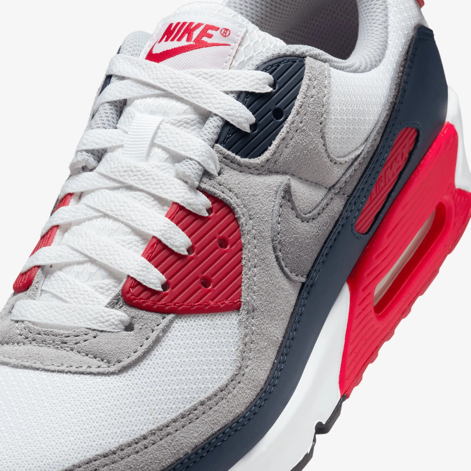 Nike | AIR MAX 90 { WHITE/COOL GREY-UNIVERSITY RED HyperDurable Outsole Compound