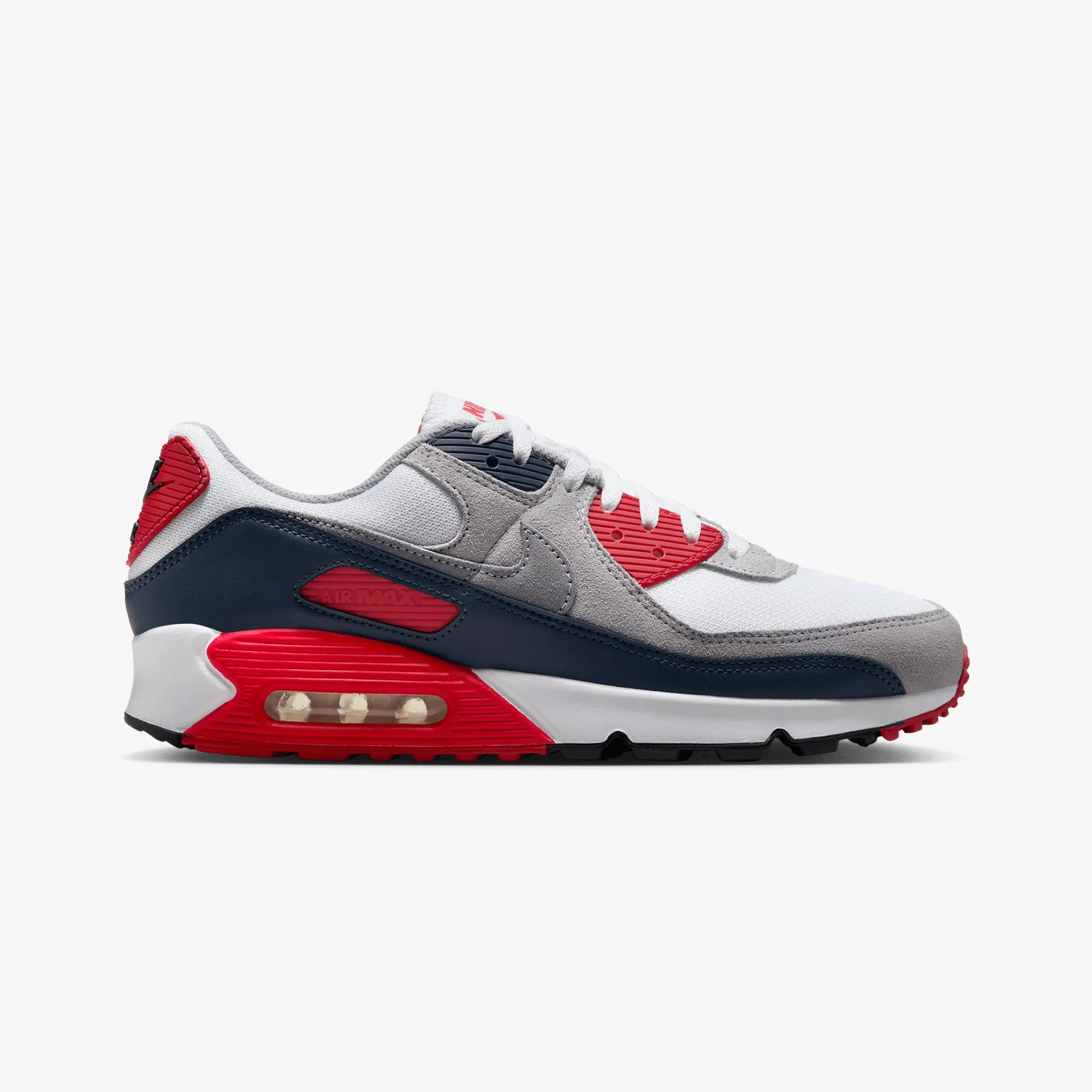 Nike | AIR MAX 90 { WHITE/COOL GREY-UNIVERSITY RED evening walk Casual Edge