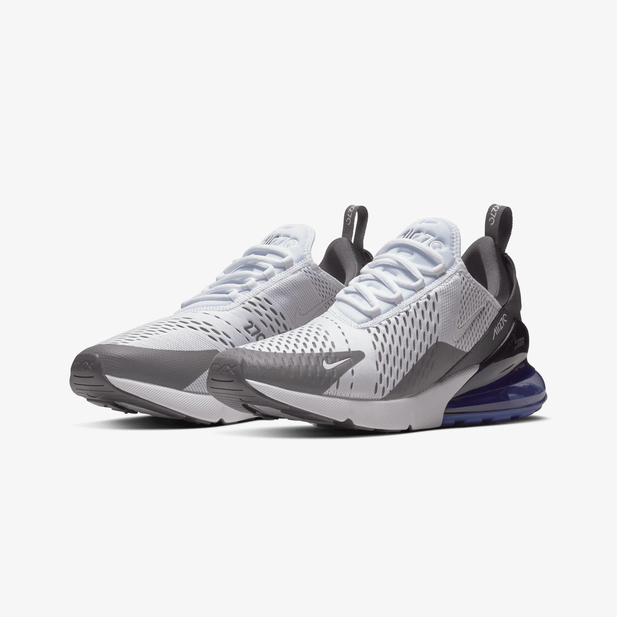 Nike | AIR MAX 270 { WHITE/WHITE-PERSIAN VIOLET-DARK GREY Thermoregulating Fabric Adjustable Midfoot Strap